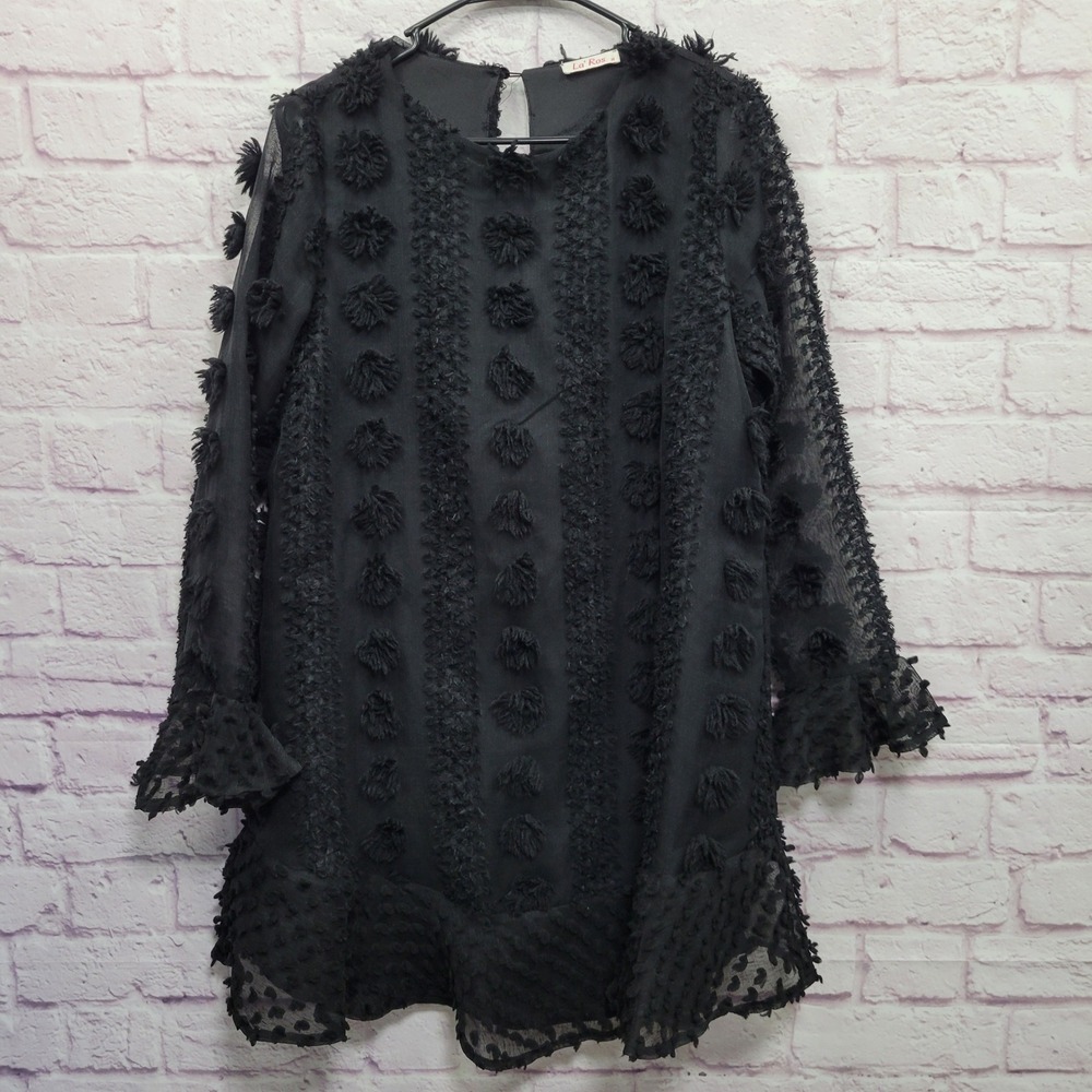 La Ros Black Textured PomPom Shift Tunic Top M Sheer Lined WhimsyGoth Dark Fairy
